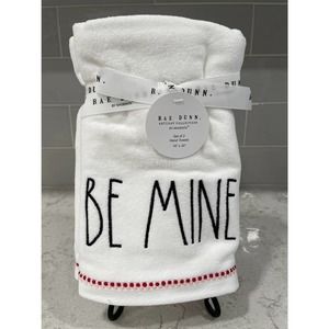 BE MINE Rae Dunn Hand Towel Set of 2 White Red & Black Embroidered Bath 16x30"
